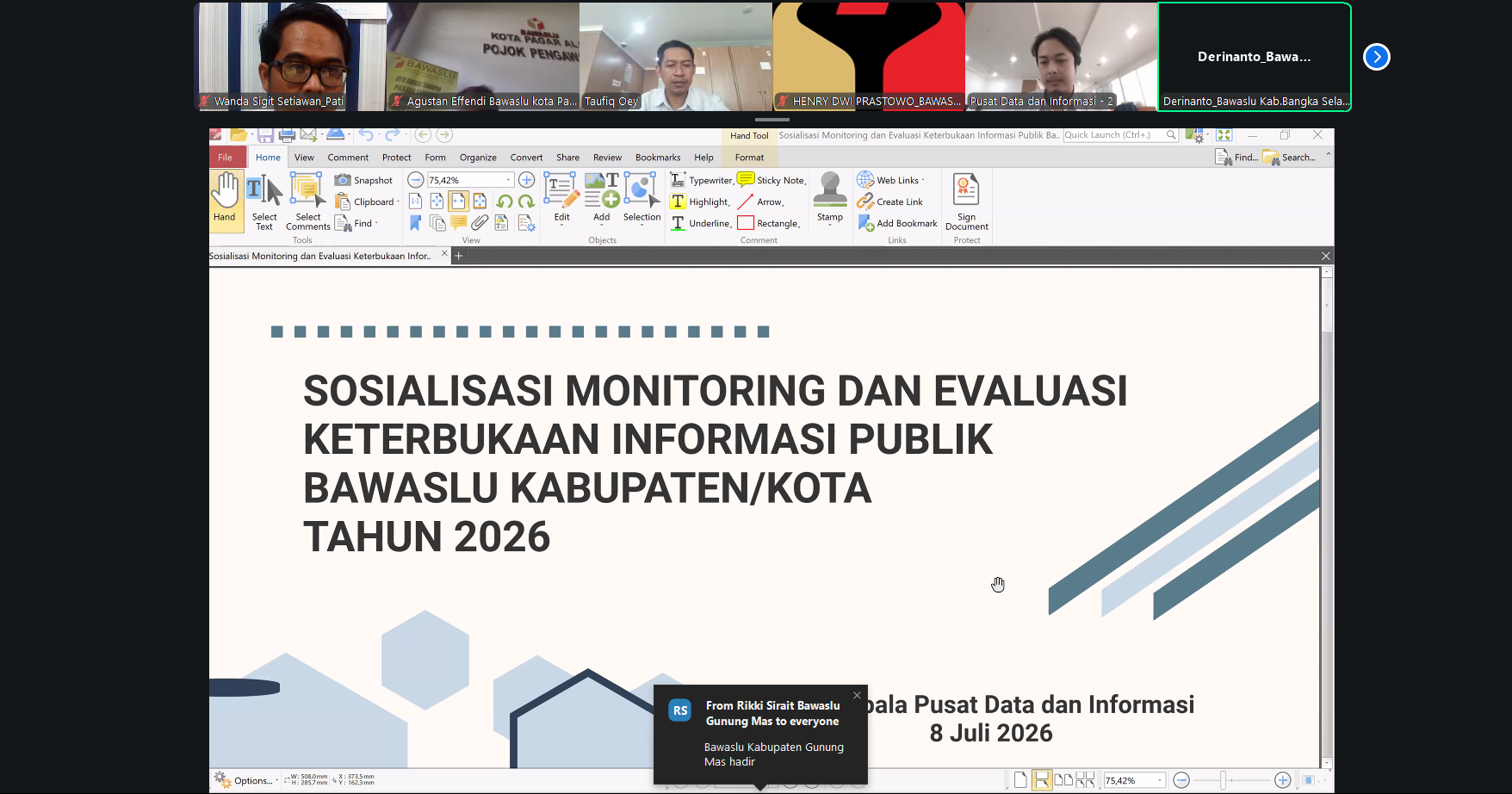Bawaslu Kabupaten Pati Ikuti Sosialisasi Monitoring dan Evaluasi Keterbukaan Informasi Publik Tahun 2026