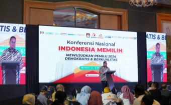 Ketua Bawaslu Rahmat Bagja memberikan penjelasan dalam Konferensi Nasional Indonesia Memilih yang bertujuan untuk mewujudkan pemilu yang demokratis dan berkualitas pada hari Minggu, (4/2/2024)